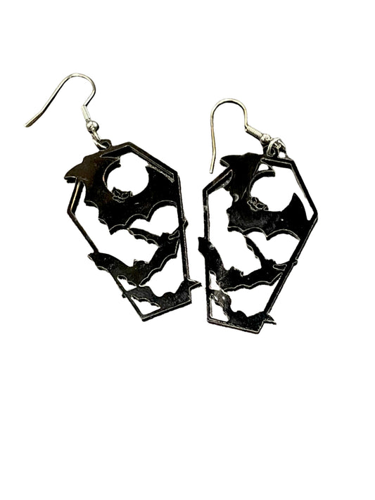 Coffin & Bat Dangle Earrings