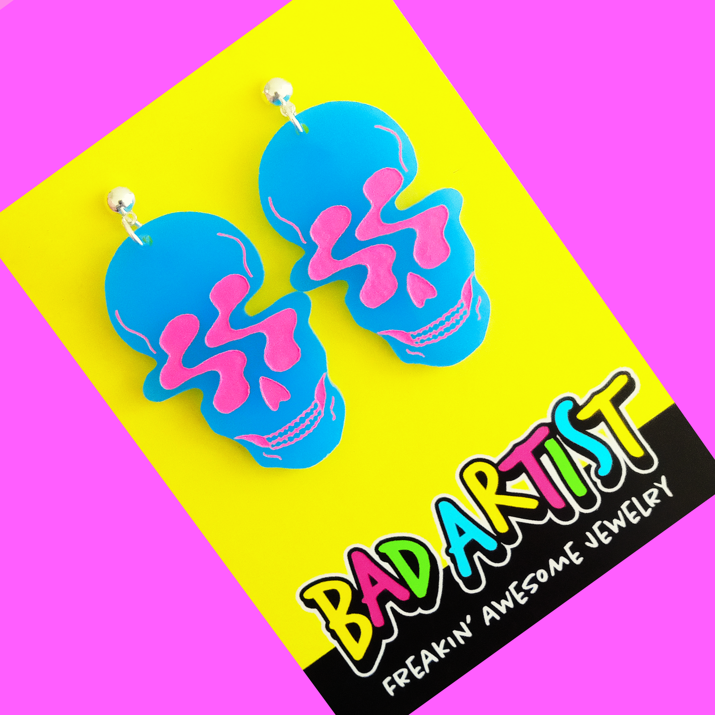 Acid Skull Acrylic Statement Earrings - Blue/Pink