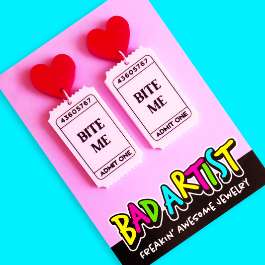 Bite Me Ticket Valentine Acrylic Earrings